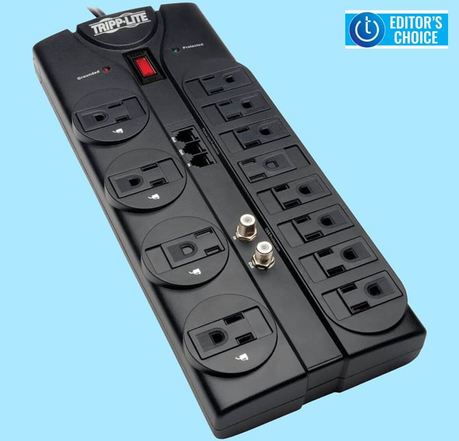 Tripp Lite 12-Outlet Surge Protector (TLP1208TELTV) with Techlicious Editor's Choice logo in the upper right corner