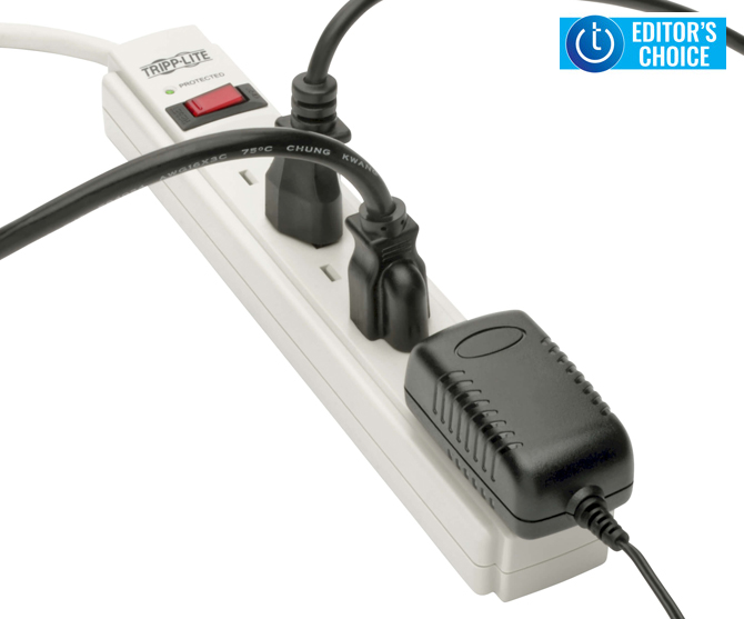 Tripp Lite 6-Outlet Surge Protector (TLP606) on white background with the Techlicious Editor's Choice logo in the upper right corner.