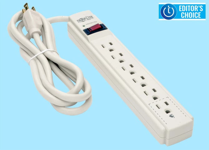 Tripp Lite 6-Outlet Surge Protector (TLP606) with the Techlicious Editor's Choice logo in the upper right corner.