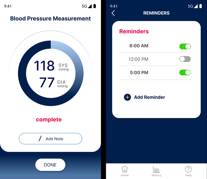 Two screenshots of the Valencell app. On the left you see a blood pressure measurement and on the right you see reminders.