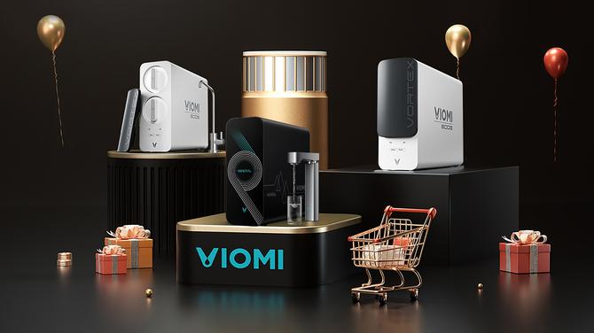 VIOMI Vortex v6, v8, and Master M1 surounded by presents and a shopping cart