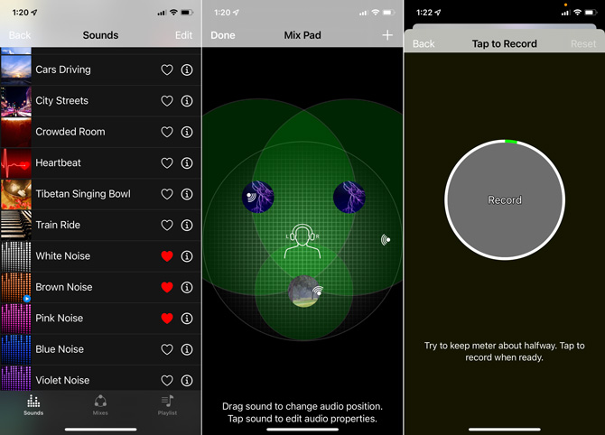 Three screenshots of the White Noise app. On the left, you see a screen with a list of sounds, including white noise. In the center, you see a screen with a person's head and icons of the sounds in relation to the head. In the screen on the left, which is entitled Tap to Record, you see a large record button.  