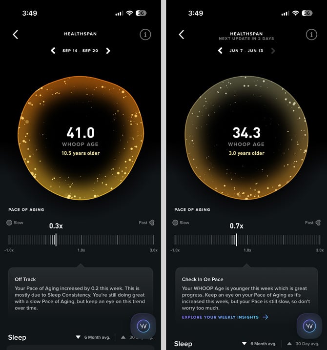 Two screenshots of the Healthspan report showing results from September 2025 and June 2026.