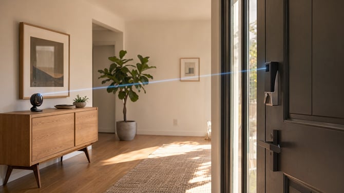 Wi-Charge's infrared transmitter plugs into an outlet and beams power to compatible Schlage Encode locks. 