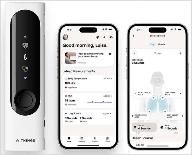 Withings BeamO with two screenshots. On the left, you see a daily health overview and on the right you see lung health information.