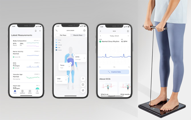 Three screen shots. The first shows Latest Measurements showing Body Composition graphs, Nerve Activity being normal with a graph, ECG with bpm, vascular age and heart rate. The second screen show Fat Mass with color-coded body sections with Arms and Legs being average fat and the Torso being high. In the third screen you see Normal Sinu Rhythm with heart rate. Below is a graph showing the ECG with a button below to Explore Data. To the right of the screens is a picture from the waist down showing a woman holding the bar and standing on the scale.  