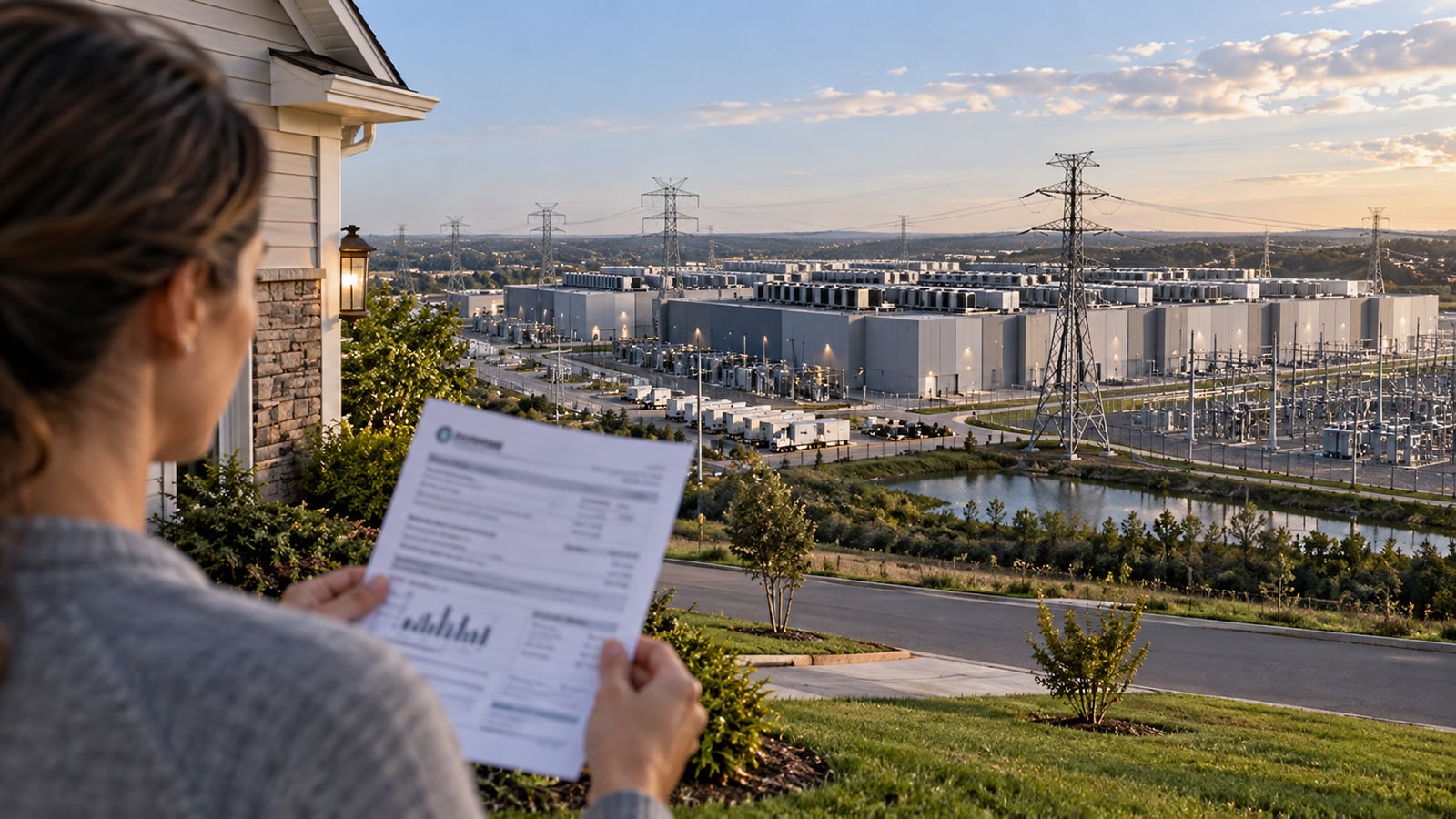 Woman holding an electric bill outside a suburban home, looking toward a massive data center complex and high-voltage power lines in the distance.