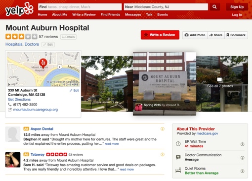 Yelp review page for Mount Auburn Hospital