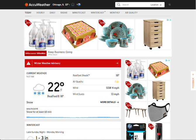 The AccuWeather main local weather page has a slight edge over The Weather Channel, with its very prominent weather alert bar, as well as including RealFeel Shade temperature, wind speed, and air quality in the main weather box. There's no need to scroll for more. I also like the color coded precipitation graph, which clearly shows how heavy the precipitation is. If it's rain, you'll see shades of  green through red. For snow, it's not as obvious, but there are shades of blue.