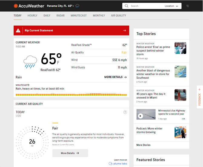 AccuWeather local forecast page showing a weather advisory in a red bar at the top with the conditions, temperature, RealFeel Shade temperature, air quality, wind gusts and minutecast precipitation forecast in the main weather box. Below is a box with the current air quality with a Fair rating and a numberic raing. To the right is a bar with top weather stories 
