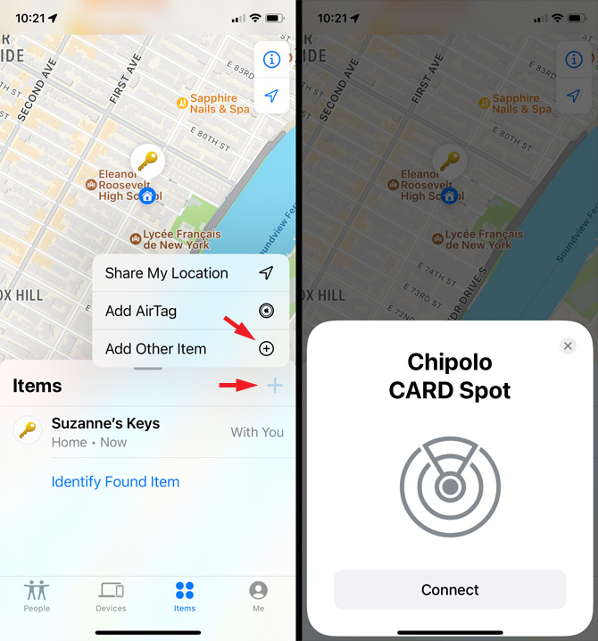 Two screenshots of the Find My app. On the left, you see the Items screen with the add item plus sign and Add Other Item pointed out. On the right, you see Find My app seeing the Chipolo CARD Spot.
