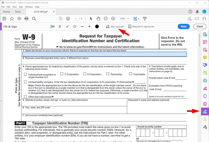 Adobe Acrobat Reader DC screenshot showing a W-9 form with the Sign yourself button and the Fill and Sign icon pointed out.