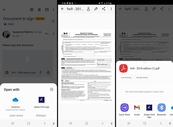 Three screenshots; First screenshot shows an email with a PDF attachment and the option to open with OneDrive or Adobe Fill & Sign. Screenshot two shots a W-9 PDF. Screenshot three shows the sharing options - Quick Share, Gmail, Adobe Fill & Sign Bluetooth and OneDrive.