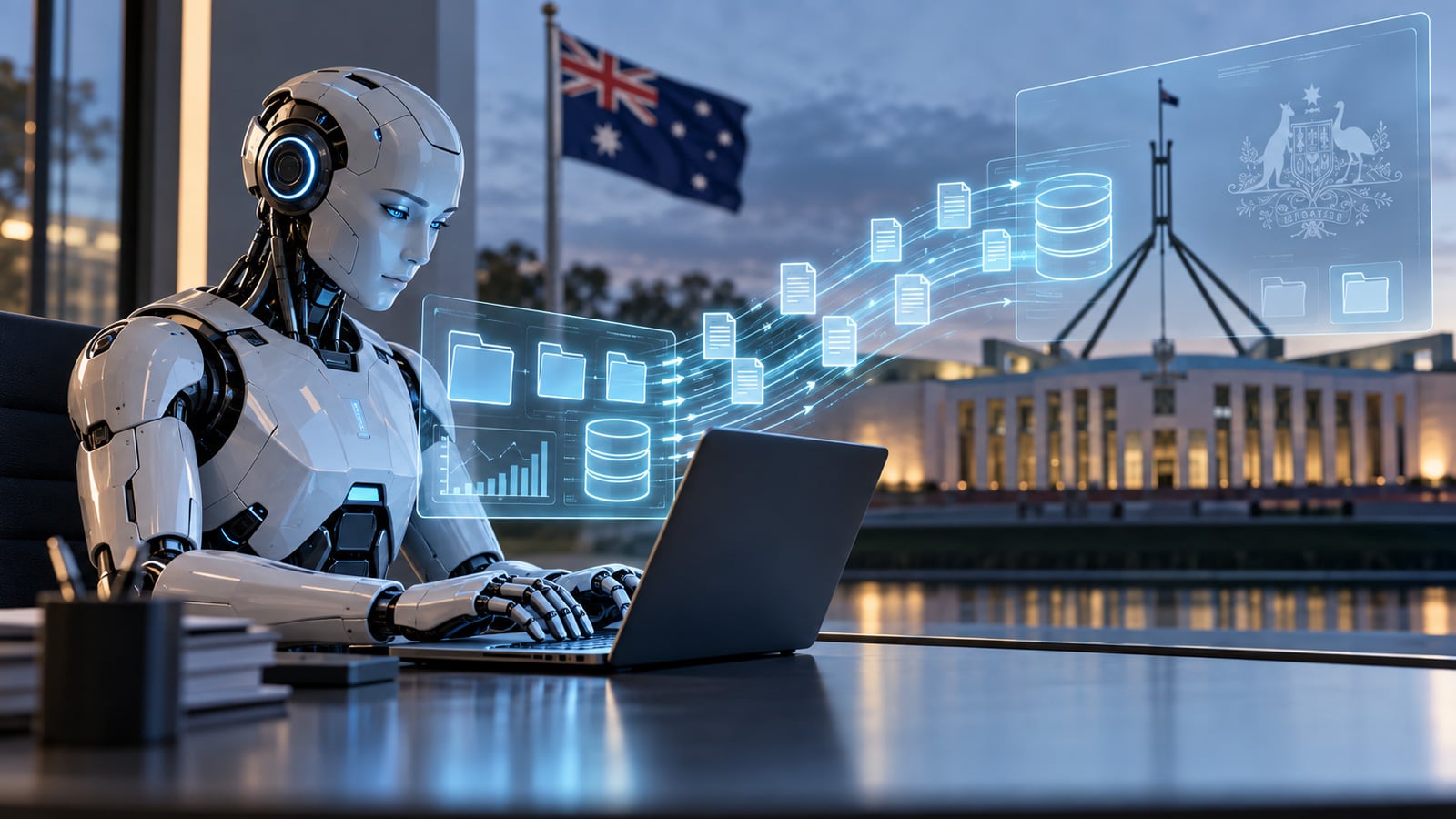 Humanoid AI agent at a laptop appears to extract digital files and database records from an Australian government system, with the Australian flag and Parliament House visible in the background.