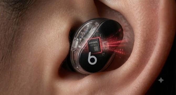 image of a beats studio bud in an ear with the airoha chip showing