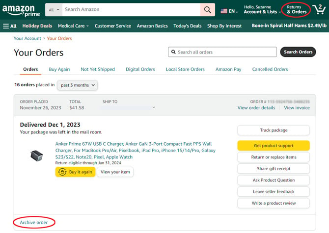Screenshot of Amazon Your orders page with the Account & Lists menu item in a red box and the Archive order option under an order circled in a red.