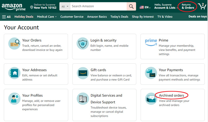Screenshot of Amazon Your Account page showing the Returns & Orders menu item in a red circle and the Archived orders section in the main screen in a red circle.