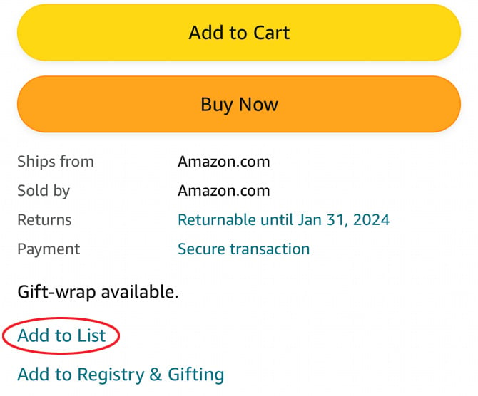 Screenshot of Amazon app showing the option to add an item to a list.