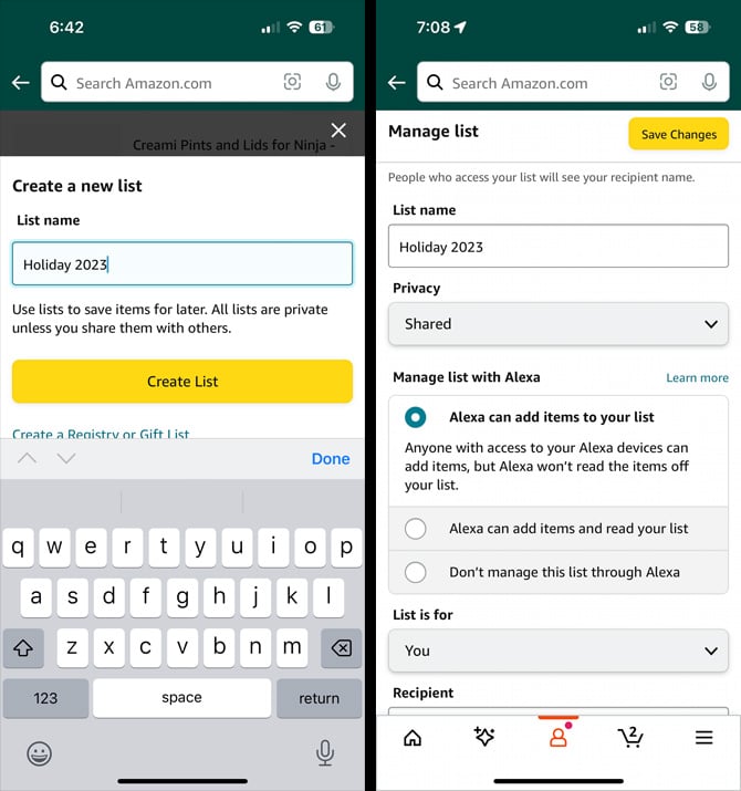 Twoscreenshots of the Amazon app. On the left you see the page for creating a new list. On the right, you see the Manage list screen showing options for privacy, allowing Alexa devices to add items to your list, and who the list is for. 