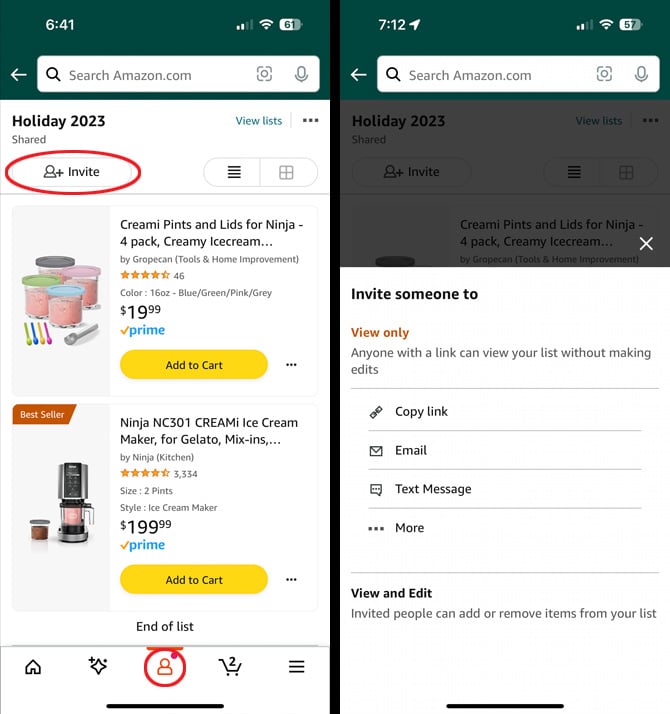Two screenshots of Amazon app. On the left you see an Amazon list with Invite and the Account icon circled. On the right, you see the pop-up that enable you to invite someone to your list with the options to email, text, and copy the link. 
