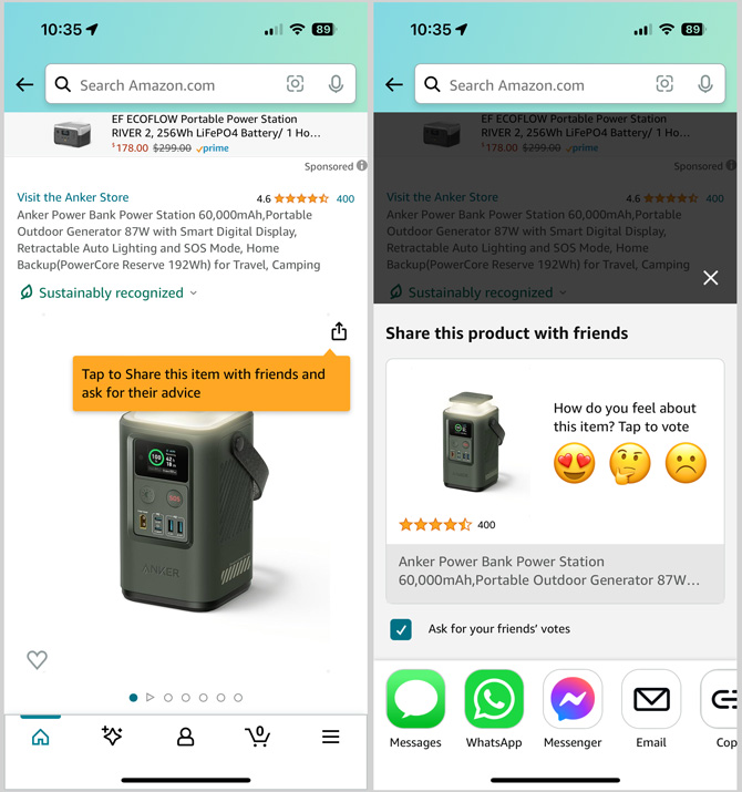 Two screenshots of the Amazon app. On the left you see a product page with a yellow box that says: Tap to Share this item with friend and ask for their advice. The box points to the share button. On the right you see the Share this product with friends pop-up box with text that says: How do you feel about this item? Tap to vote with three emojis. 
