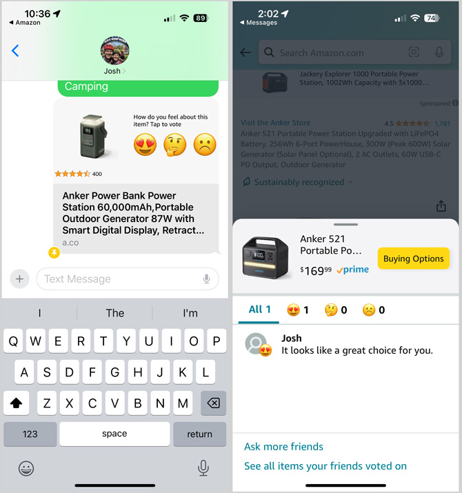 Two screenshots. On the left you see a text message with an Amazon link. You can see the voting option with the link name. On the right, you see responses to voting on a product.  