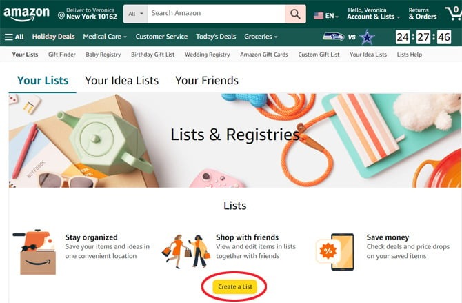 Screenshot of the Amazon showing the List page. The Account option in the top menu and Create List buttons are circled.