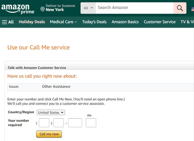 Amazon Customer Service Call Me page