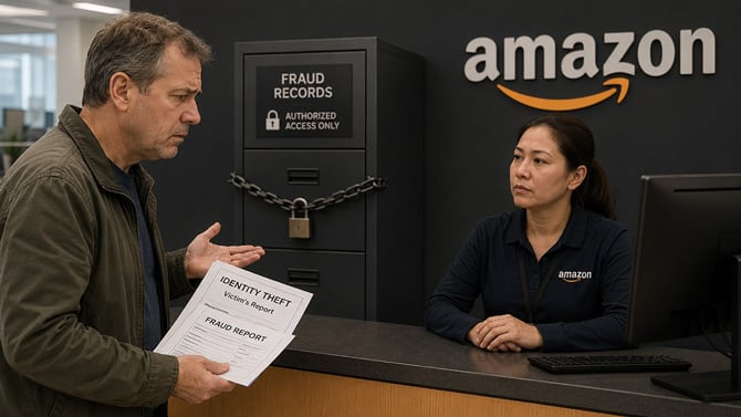 Concept image showing a fraud victim speaking with an Amazon customer service representative.
