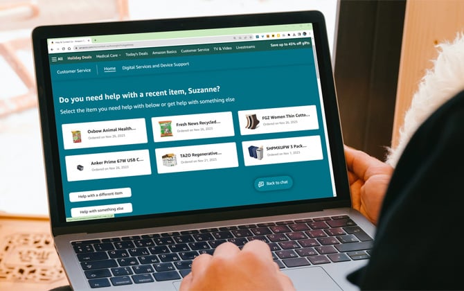 Laptop displaying the Amazon Customer Service screen.