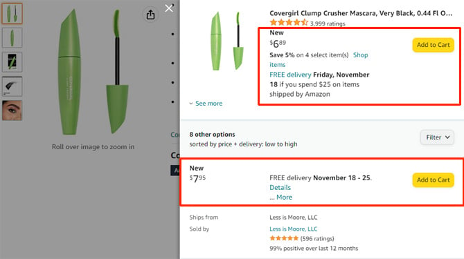 Screenshot of Amazon showing pricing for mascara with free shipping from a Marketplace seller for $7.95 or from Amazon for $6.89 but requiring a minimum purchase of $25.  
