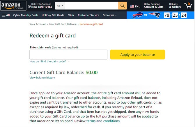 Amazon website Redeem a gift card page with a box to input your code and a button to the right to apply to your balance. Below is the Current Gift Card Balance which shows $0.00.