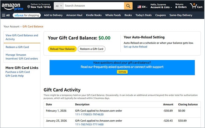 Amazon website screenshot of the Gift Card Balance screen showing a balance of $0.00, the option to reload your balance or redeem a gift card, and a list of gift card activities including purchases and redeeming gift cards.