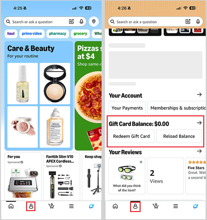 Two screenshots of the Amazon app. On the left is the home page with the Account icon circled. On the right you see the Account screen with the Gift Card Balance screen showing a $0.00.