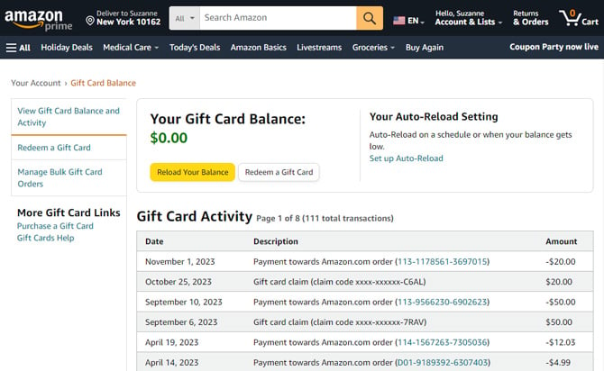 Amazon website screenshot of the Gift Card Balance screen showing a balance of $0.00, the option to reload your balance or redeem a gift card, and a list of gift card activities including purchases and redeeming gift cards.  