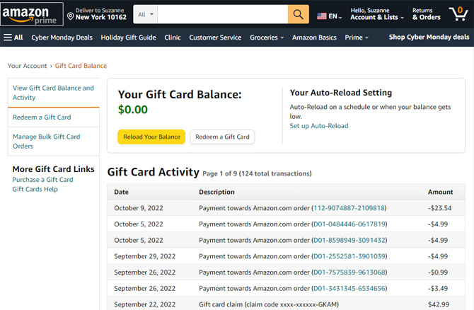 Amazon website screenshot of the Gift Card Balance screen showing a balance of $0.00, the option to reload your balance or redeem a gift card, and a list of gift card activities including purchases and redeeming gift cards.  