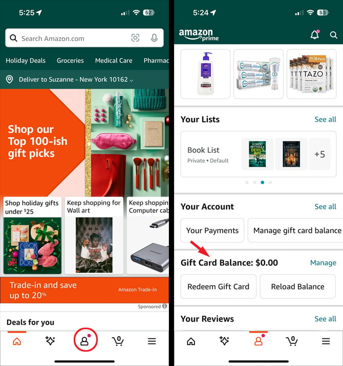 Two screenshots of the Amazon app. On the left is the home page with the Account icon circle. On the right you see the Account screen with the Gift Card Balance screen showing a $0.00.