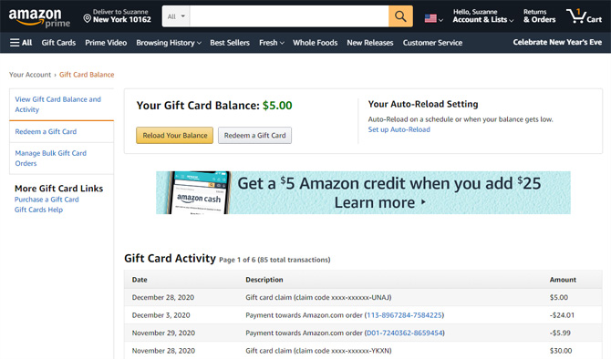 Amazon gift card history