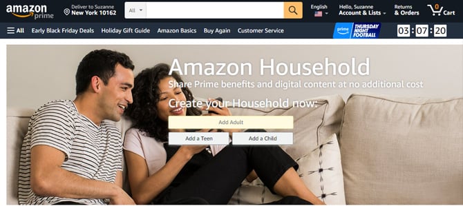 Amazon website screenshot showing the page for managing your Amazon Household. There are buttons to add an adult, teen, or child. 