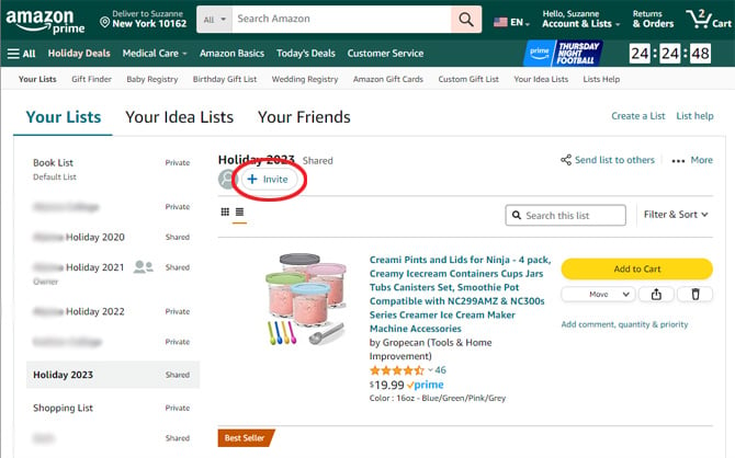 Screenshot of Amazon site showing a wish list. The invite button is circled.