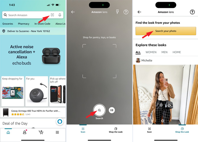 Three screenshots of the Amazon app. From the left, the first screenshot shows the home screen for the Amazon app with the visual search icon pointed out. The second screenshot shows the camera interface to taking a photo of the item you want to search for. The third image shows the option to search your photo for items.