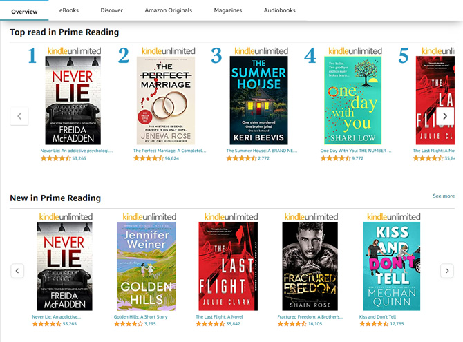 Amazon Prime Reading selection showing Top in Prime Reading and New in Prime Reading.
