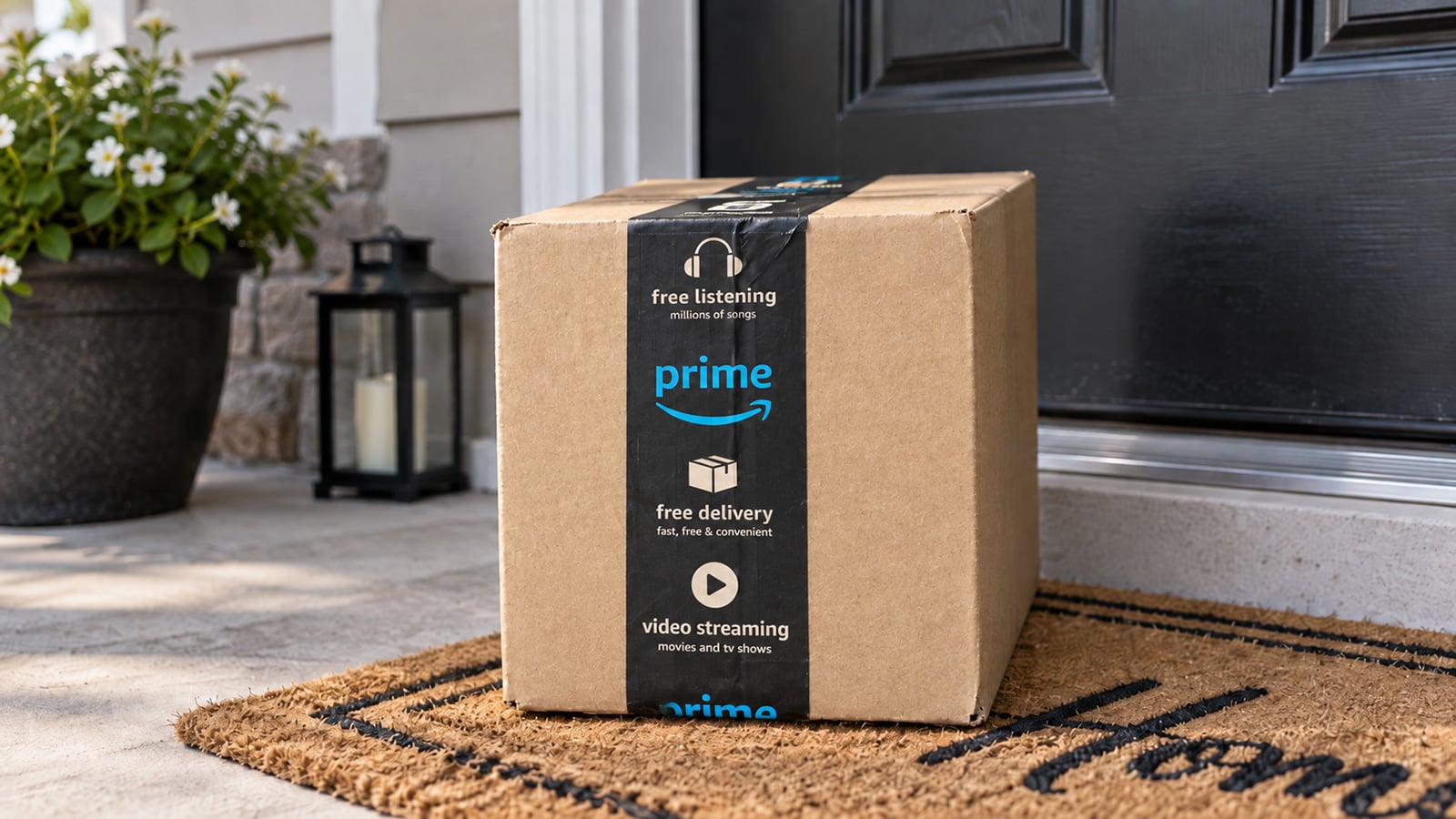 Amazon Prime delivery box with branded packing tape sitting on a doormat outside a front door.
