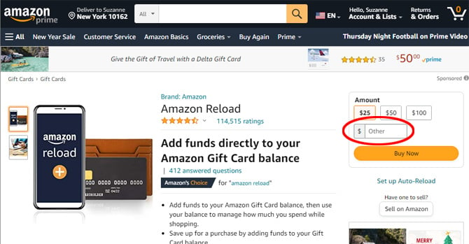 Screenshot of Amazon with Reload your balance, Current balance and Amount with $50, $100, $200 and $500 with the Box $ Enter an amount circled.