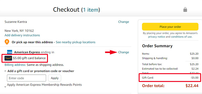 Screenshot of Amazon website showing the checkout page with a $5.00 Amazon gift card balance being used in the payment method and the $5.00 deducted from the total price. The Change option in the payments section is pointed out. 