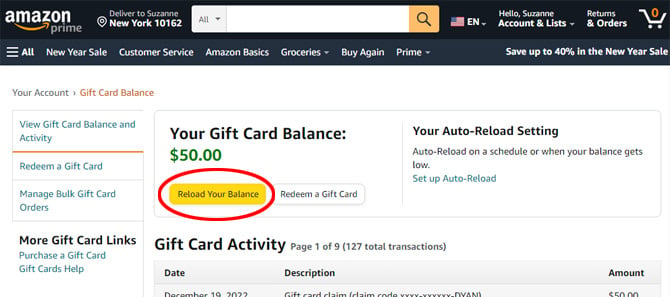 Amazon site screenshot showing Amazon Prime in the top left with the location and two rows of menu items. In the main window, you see Your Gift Card Balance and a yellow button entitled Reload Your Balance (circled) and a white button entitled Redeem a Gift Card. 