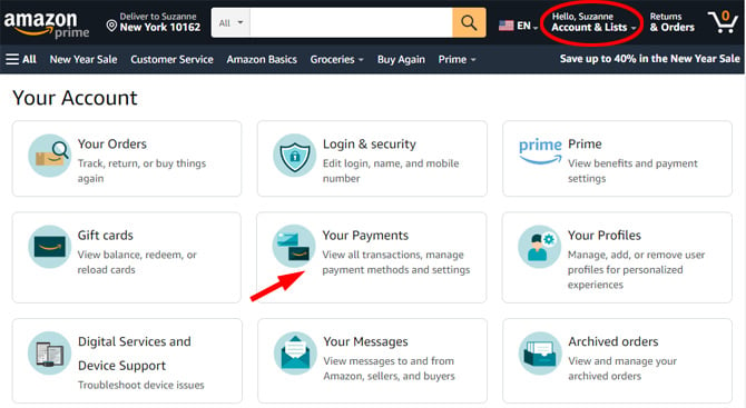Amazon Site screenshot with Amazon Prime logo in the top left and search box, below is the location and one row of menu buttons. In the window, you see Your Account  with options for Your Orders, Login & Security, Prime, Your addresses, Payment options (pointed out) and Gift cards.