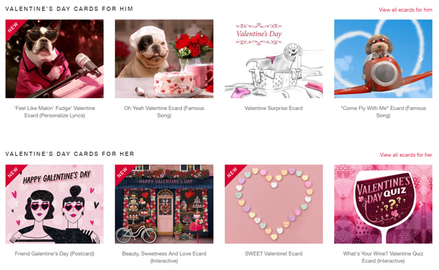 American Greetings site with a row of valentine's day cards for him and a row of Valentine's