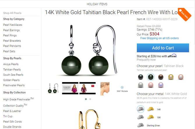 American Pearl website screenshot shoing 14K white gold earrings with a hook style and Tahitian Black pearls 