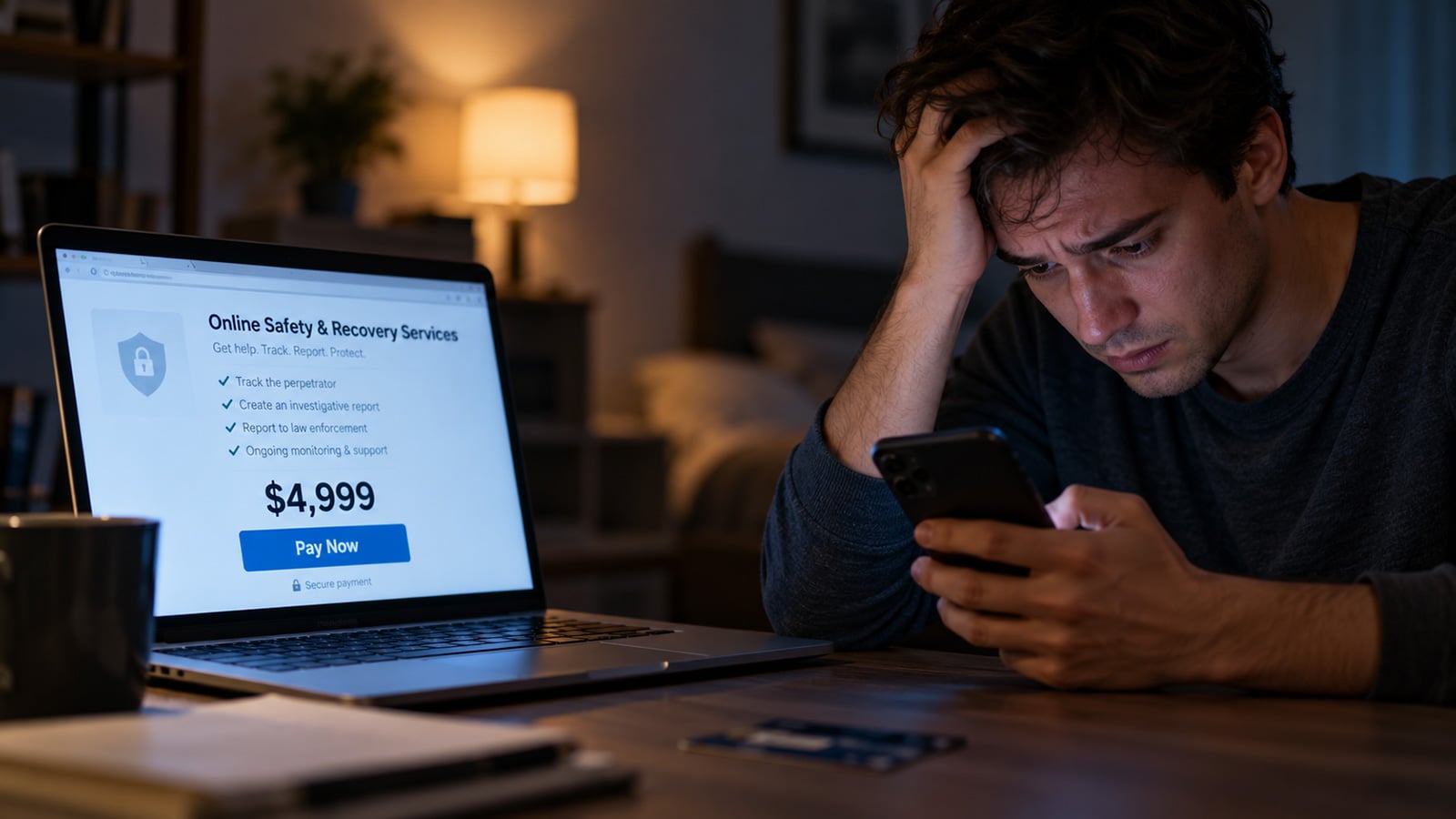 Distressed man looks at his phone beside a laptop displaying a $4,999 payment request for online safety and recovery services.